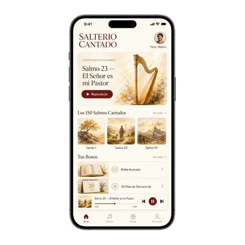 App del Salterio Cantado — área de miembros con Salmo 23, Los 150 Salmos Cantados y Tus Bonos