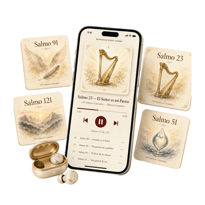 Salterio Cantado — iPhone con el reproductor del Salmo 23 rodeado de Salmos 91, 121, 51 y auriculares dorados
